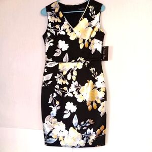 NWT metallic floral print dress stretch Women's black,Full Zip, Party Cocktail.